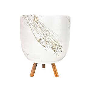 Beyaz Üzeri Gold Mermer Efektli Toprak Saksı Saksılık Salon Çiçeklik 3 Ayaklı - 19 Cm