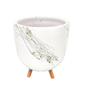 Beyaz Üzeri Gold Mermer Efektli Toprak Saksı Saksılık Salon Çiçeklik 3 Ayaklı - 19 Cm