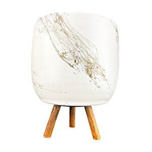 Bitki Tasarımı Beyaz Üzeri Gold Mermer Efektli Toprak Saksı Saksılık Salon Çiçeklik 3 Ayaklı - 19 Cm