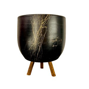 Siyah Üzeri Gold Mermer Efektli Toprak Saksı Saksılık Salon Çiçeklik 3 Ayaklı - 19 Cm