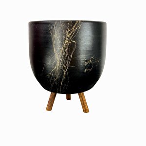Siyah Üzeri Gold Mermer Efektli Toprak Saksı Saksılık Salon Çiçeklik 3 Ayaklı - 19 Cm