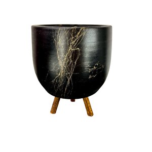 Bitki Tasarımı  Siyah Üzeri Gold Mermer Efektli Toprak Saksı Saksılık Salon Çiçeklik 3 Ayaklı - 19 Cm