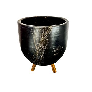 Bitki Tasarımı  Siyah Üzeri Gold Mermer Efektli Toprak Saksı Saksılık Salon Çiçeklik 3 Ayaklı - 19 Cm