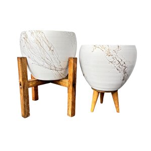 Beyaz Üzeri Gold Mermer Efektli Toprak Saksı Saksılık Salon Çiçeklik İkili Set 3 Ayaklı- 4 Ayaklı- 15 Cm
