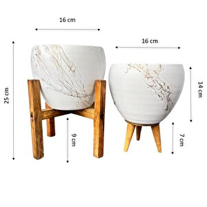 Beyaz Üzeri Gold Mermer Efektli Toprak Saksı Saksılık Salon Çiçeklik İkili Set 3 Ayaklı- 4 Ayaklı- 15 Cm