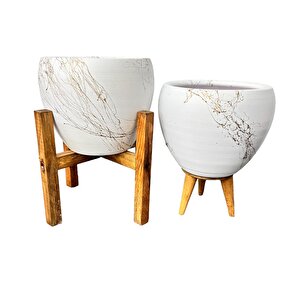 Beyaz Üzeri Gold Mermer Efektli Toprak Saksı Saksılık Salon Çiçeklik İkili Set 3 Ayaklı- 4 Ayaklı- 15 Cm