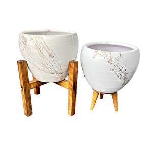 Bitki Tasarımı Beyaz Üzeri Gold Mermer Efektli Toprak Saksı Saksılık Salon Çiçeklik İkili Set 3 Ayaklı- 4 Ayaklı- 15 Cm