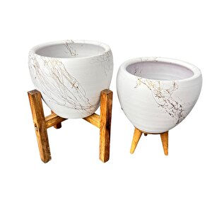 Bitki Tasarımı Beyaz Üzeri Gold Mermer Efektli Toprak Saksı Saksılık Salon Çiçeklik İkili Set 3 Ayaklı- 4 Ayaklı- 15 Cm