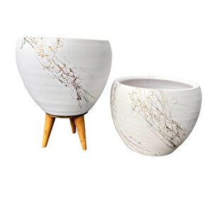 Beyaz Üzeri Gold Mermer Efektli Toprak Saksı Saksılık Salon Çiçeklik İkili Set Ayaksız - 3 Ayaklı- 15 Cm