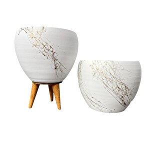 Beyaz Üzeri Gold Mermer Efektli Toprak Saksı Saksılık Salon Çiçeklik İkili Set Ayaksız - 3 Ayaklı- 15 Cm