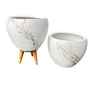 Bitki Tasarımı Beyaz Üzeri Gold Mermer Efektli Toprak Saksı Saksılık Salon Çiçeklik İkili Set Ayaksız - 3 Ayaklı- 15 Cm