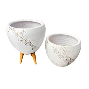 Bitki Tasarımı Beyaz Üzeri Gold Mermer Efektli Toprak Saksı Saksılık Salon Çiçeklik İkili Set Ayaksız - 3 Ayaklı- 15 Cm