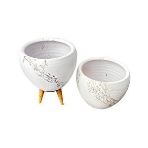 Bitki Tasarımı Beyaz Üzeri Gold Mermer Efektli Toprak Saksı Saksılık Salon Çiçeklik İkili Set Ayaksız - 3 Ayaklı- 15 Cm