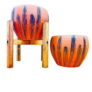 Siyah Çizgi Desenli Terrakota Toprak Saksı Saksılık Salon Çiçeklik İkili Set Ayaksız - 4 Ayaklı- 15 Cm