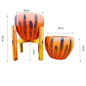 Siyah Çizgi Desenli Terrakota Toprak Saksı Saksılık Salon Çiçeklik İkili Set Ayaksız - 4 Ayaklı- 15 Cm