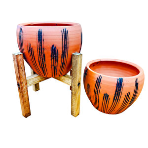 Siyah Çizgi Desenli Terrakota Toprak Saksı Saksılık Salon Çiçeklik İkili Set Ayaksız - 4 Ayaklı- 15 Cm