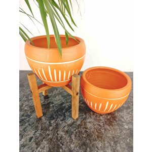 Bitki Tasarımı Dik Çizgi Desenli Terrakota Toprak Saksı Saksılık Salon Çiçeklik İkili Set Ayaksız - 4 Ayaklı- 15 Cm