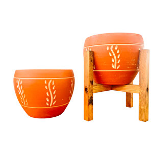 Nakış Desenli Terrakota Toprak Saksı Saksılık Salon Çiçeklik İkili Set Ayaksız - 4 Ayaklı- 15 Cm