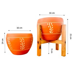 Nakış Desenli Terrakota Toprak Saksı Saksılık Salon Çiçeklik İkili Set Ayaksız - 4 Ayaklı- 15 Cm