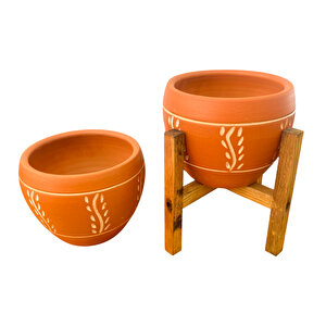 Nakış Desenli Terrakota Toprak Saksı Saksılık Salon Çiçeklik İkili Set Ayaksız - 4 Ayaklı- 15 Cm