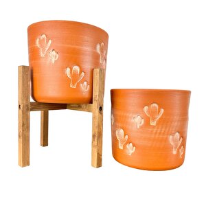 Kaktüs Desenli Toprak Saksı Saksılık Salon Çiçeklik İkili Set Ayaksız - 4 Ayaklı- 19 Cm