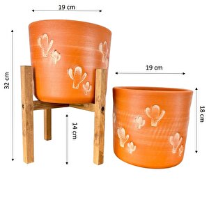 Kaktüs Desenli Toprak Saksı Saksılık Salon Çiçeklik İkili Set Ayaksız - 4 Ayaklı- 19 Cm