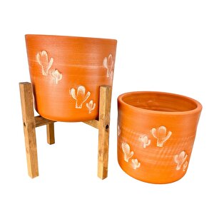 Kaktüs Desenli Toprak Saksı Saksılık Salon Çiçeklik İkili Set Ayaksız - 4 Ayaklı- 19 Cm