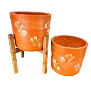 Bitki Tasarımı  Kaktüs Desenli Toprak Saksı Saksılık Salon Çiçeklik İkili Set Ayaksız - 4 Ayaklı- 19 Cm