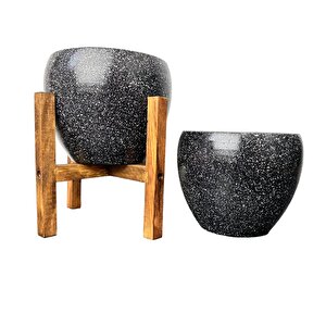 Siyah Granit Toprak Saksı Saksılık Salon Çiçeklik İkili Set Ayaksız - 4 Ayaklı- 15 Cm
