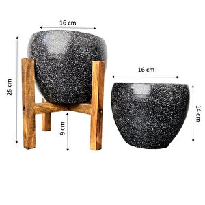 Siyah Granit Toprak Saksı Saksılık Salon Çiçeklik İkili Set Ayaksız - 4 Ayaklı- 15 Cm