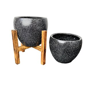 Bitki Tasarımı Siyah Granit Toprak Saksı Saksılık Salon Çiçeklik İkili Set Ayaksız - 4 Ayaklı- 15 Cm