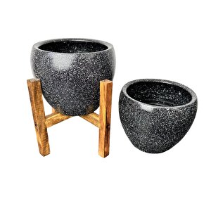 Bitki Tasarımı Siyah Granit Toprak Saksı Saksılık Salon Çiçeklik İkili Set Ayaksız - 4 Ayaklı- 15 Cm