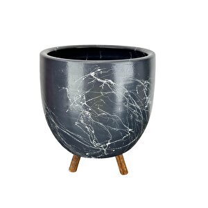 Bitki Tasarımı  Gri Üzeri Beyaz Mermer Efektli Toprak Saksı Saksılık Salon Çiçeklik 3 Ayaklı - 19 Cm