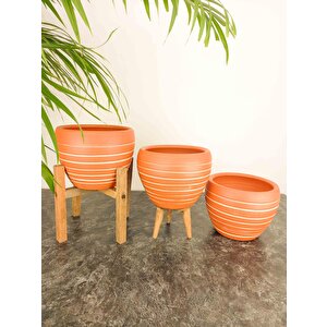 Bi̇tki̇ Tasarimi Ev Dekorasyon Yan Çi̇zgi̇ Desenli̇ Terrakota Toprak Saksi Saksilik Salon Çi̇çekli̇k Üçlü Set - 15 Cm
