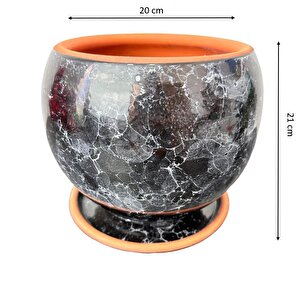 Siyah Mermer Efektli Artistik Çift Sırlı İç Ve Dış Mekan Kullanımlı Tabaklı Toprak Terrakota Saksı Saksılık Salon Ç