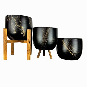 Ev Dekorasyon Aksesuar Siyah Üzeri Gold Mermer Efektli Toprak Saksı Saksılık Salon Çiçeklik Üçlü Set- 19 Cm