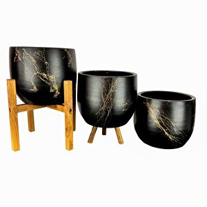 Bitki Tasarımı Ev Dekorasyon Aksesuar Siyah Üzeri Gold Mermer Efektli Toprak Saksı Saksılık Salon Çiçeklik Üçlü Set- 19 Cm