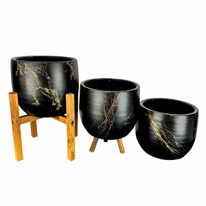 Bitki Tasarımı Ev Dekorasyon Aksesuar Siyah Üzeri Gold Mermer Efektli Toprak Saksı Saksılık Salon Çiçeklik Üçlü Set- 19 Cm