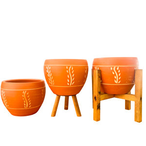 Nakış Desenli Terrakota Toprak Saksı Saksılık Salon Çiçeklik Üçlü Set - 15 Cm