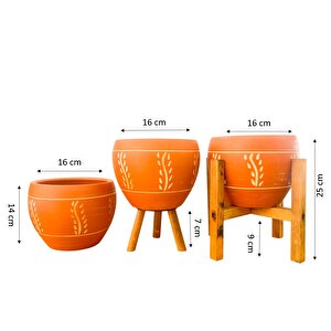 Nakış Desenli Terrakota Toprak Saksı Saksılık Salon Çiçeklik Üçlü Set - 15 Cm