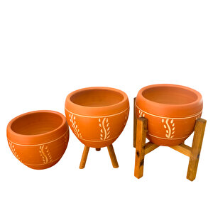 Nakış Desenli Terrakota Toprak Saksı Saksılık Salon Çiçeklik Üçlü Set - 15 Cm