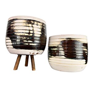Yeşil Sırlı Terrakota Toprak Saksı Saksılık Salon Çiçeklik İkili Set Ayaksız - 3 Ayaklı- 19 Cm