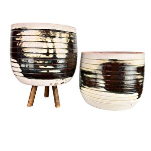 Bitki Tasarımı Yeşil Sırlı Terrakota Toprak Saksı Saksılık Salon Çiçeklik İkili Set Ayaksız - 3 Ayaklı- 19 Cm