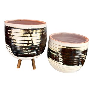 Bitki Tasarımı Yeşil Sırlı Terrakota Toprak Saksı Saksılık Salon Çiçeklik İkili Set Ayaksız - 3 Ayaklı- 19 Cm