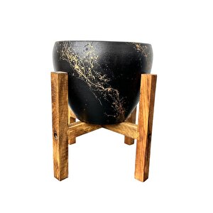 Siyah Üzeri Gold Mermer Efektli Toprak Saksı Saksılık Salon Çiçeklik 4 Ayaklı - 15 Cm