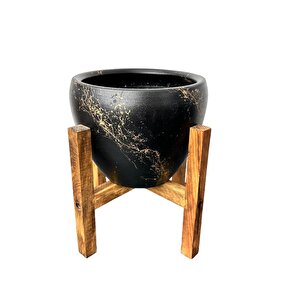 Bitki Tasarımı Siyah Üzeri Gold Mermer Efektli Toprak Saksı Saksılık Salon Çiçeklik 4 Ayaklı - 15 Cm