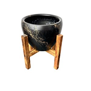 Bitki Tasarımı Siyah Üzeri Gold Mermer Efektli Toprak Saksı Saksılık Salon Çiçeklik 4 Ayaklı - 15 Cm