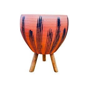 Siyah Çizgi Desenli Terrakota Toprak Saksı Saksılık Salon Çiçeklik 3 Ayaklı - 15 Cm