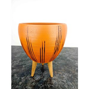 Siyah Çizgi Desenli Terrakota Toprak Saksı Saksılık Salon Çiçeklik 3 Ayaklı - 15 Cm