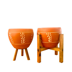 Nakış Desenli Terrakota Toprak Saksı Saksılık Salon Çiçeklik İkili Set 3 Ayaklı- 4 Ayaklı- 15 Cm